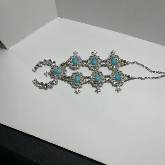 Silver tone squash blossom necklace with rhinestones & faux turquoise - Picture 13 of 13